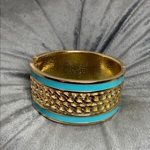 Boho Gold-Tone Hinged Bangle Bracelet with Turquoise Enamel & Filigree Detail